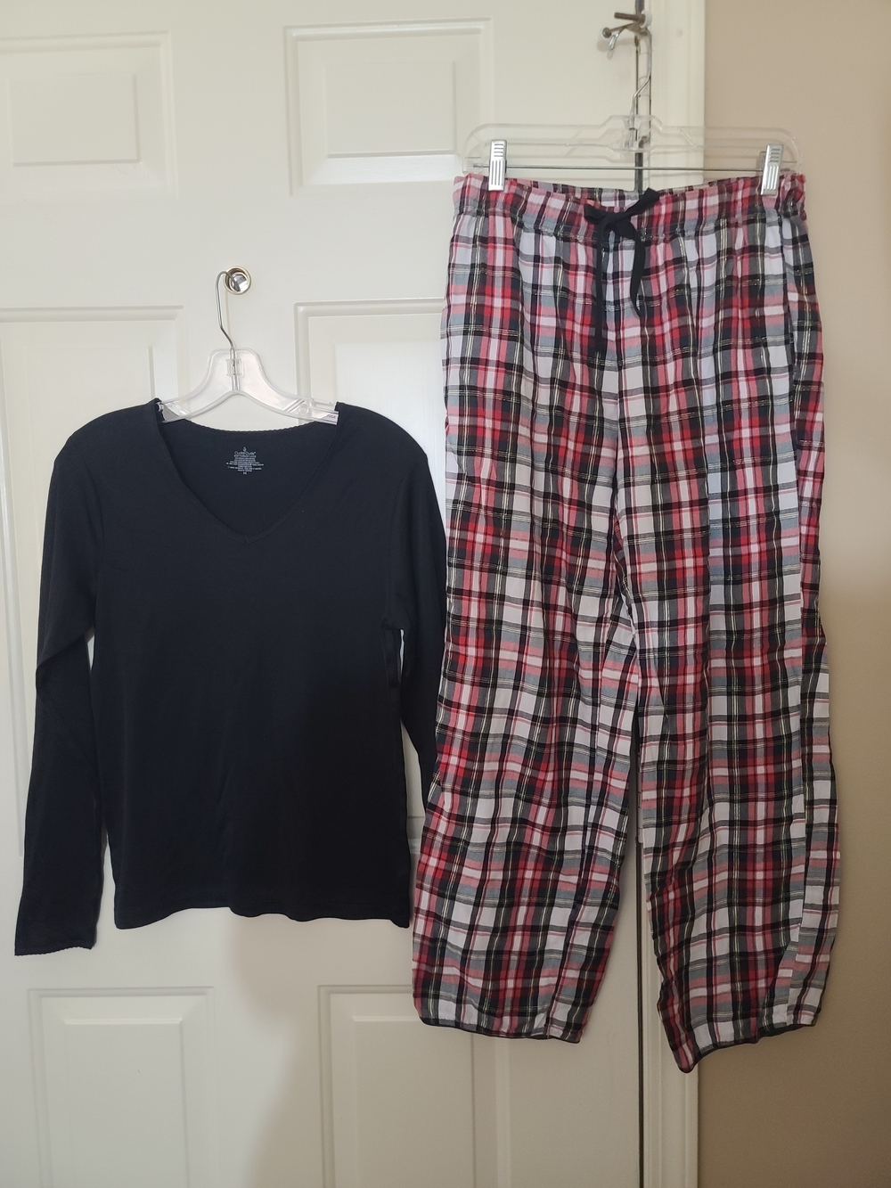 Black Long-Sleeve V-Neck Top with Red Plaid Pajama Pants Set